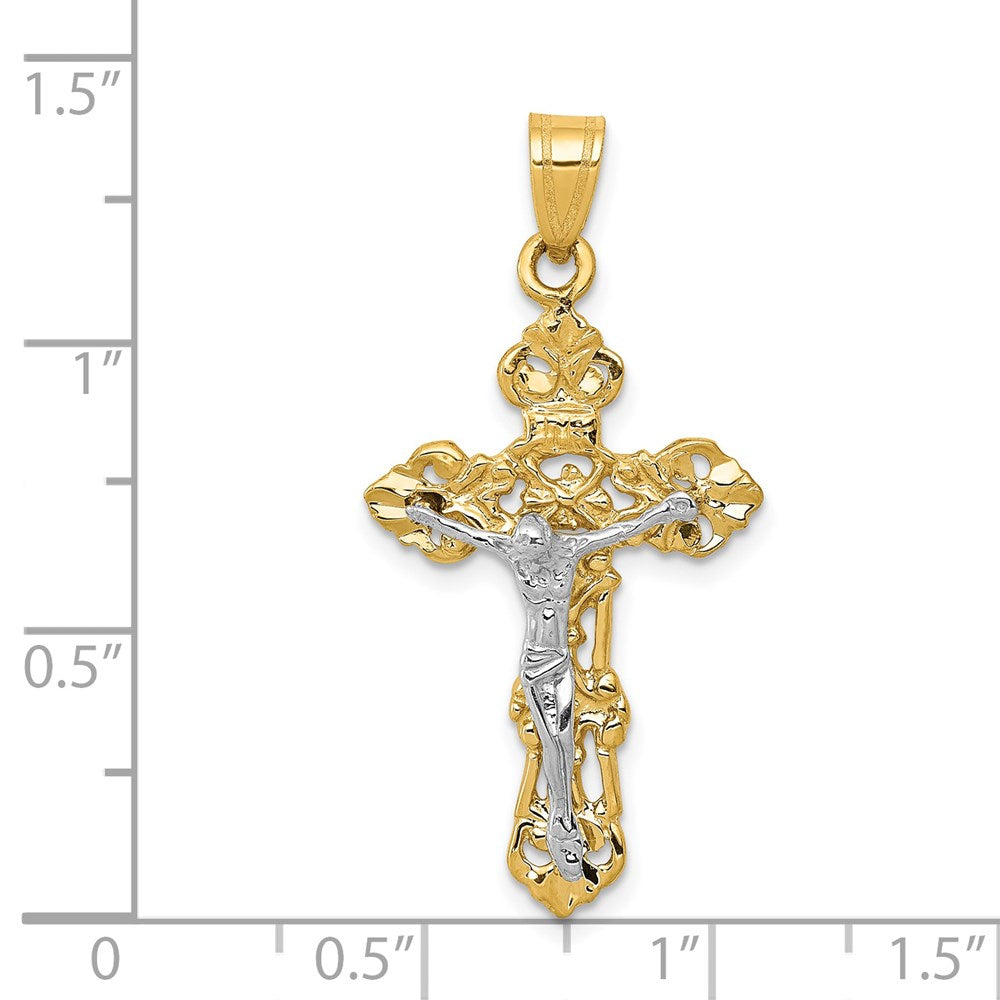 14k Two-tone 18 mm Fleur De Lis Jesus Crucifix Pendant (1.41 grams)