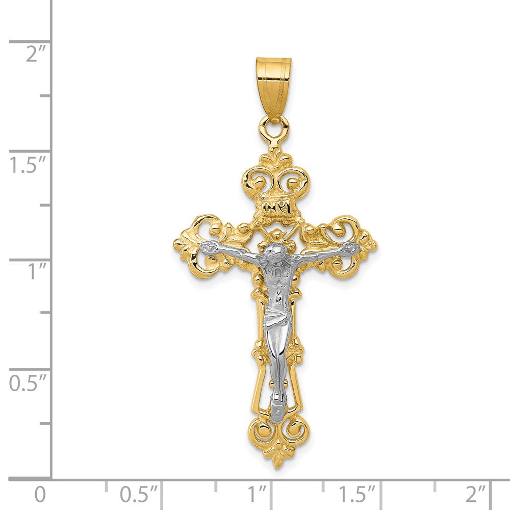 14k Two-tone 23 mm INRI Fleur De Lis Jesus Crucifix Pendant (2.86 grams)