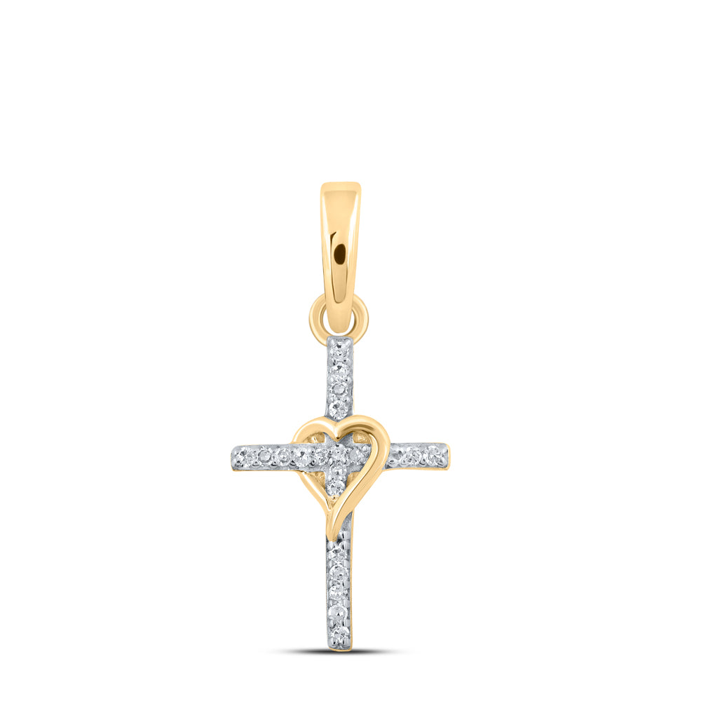 Gold Heart Cross Pendant 1/20 Cttw Round Natural Diamond Womens (1.27 grams)