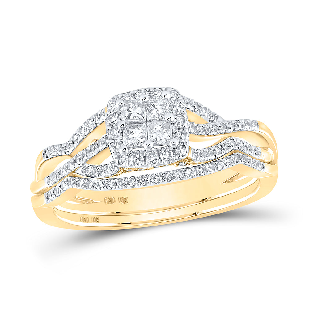 Gold Square Bridal Wedding Ring Band Set 1/2 Cttw Princess Natural Diamond Womens (3.62 grams)