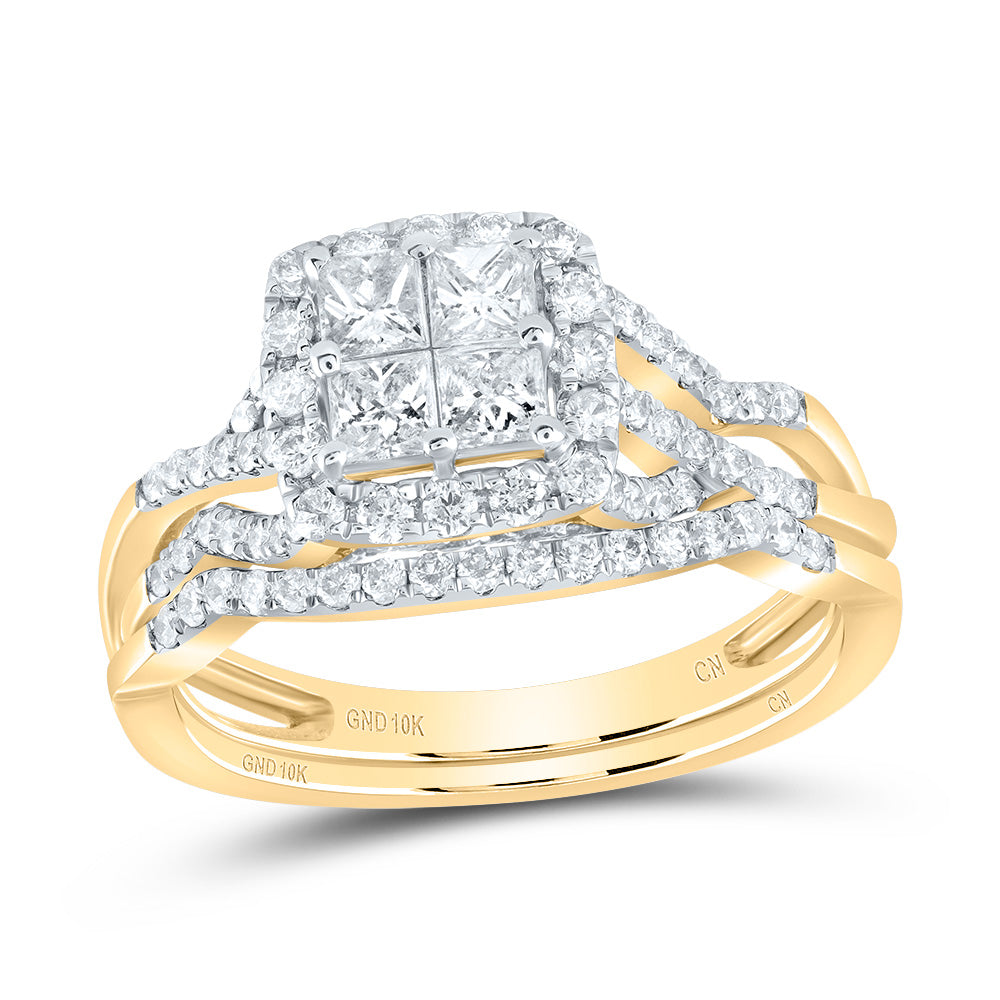 Gold Square Bridal Wedding Ring Band Set 1 Cttw Princess Natural Diamond Womens (4.12 grams)