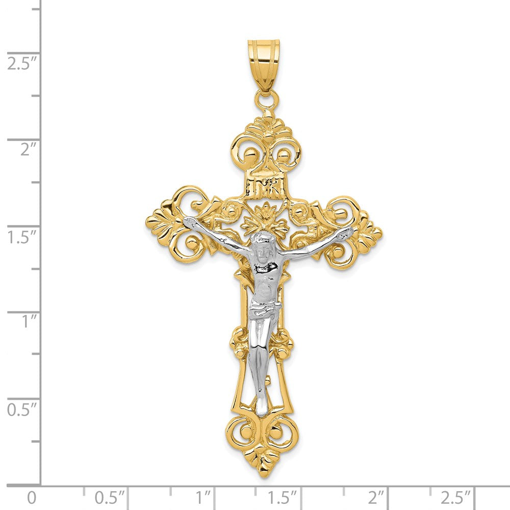14k Two-tone 36 mm INRI Fleur De Lis Jesus Crucifix Pendant (7.51 grams)