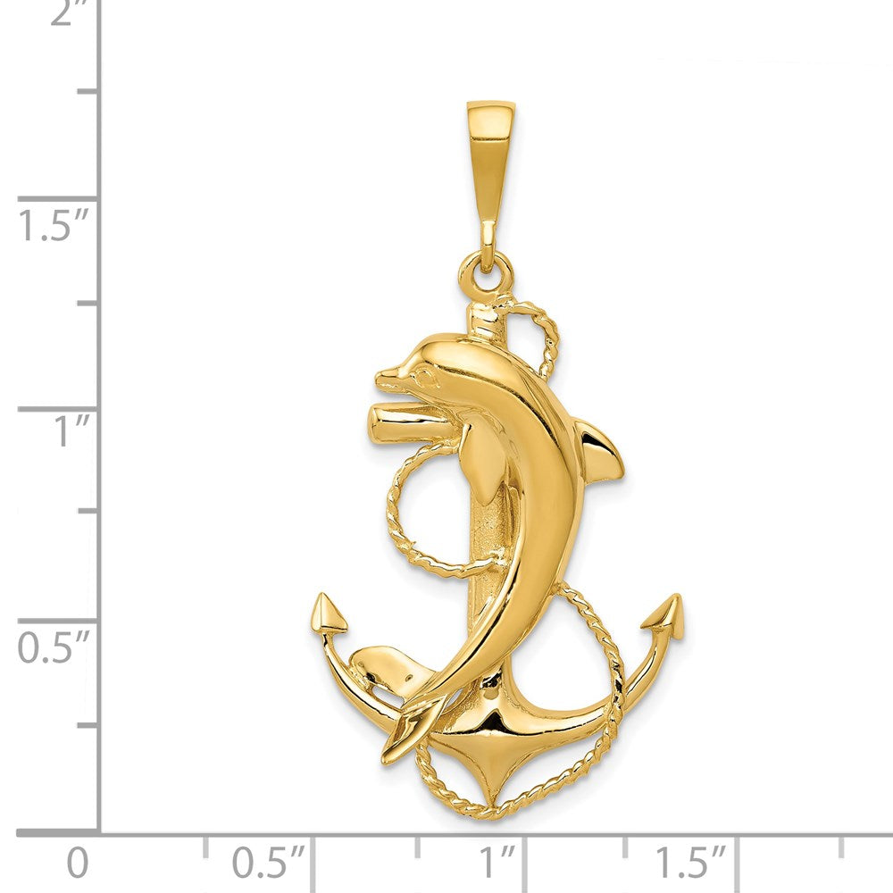 14k Yellow Gold 23 mm Solid Polished Anchor with Dolphin Pendant (4.81 grams)