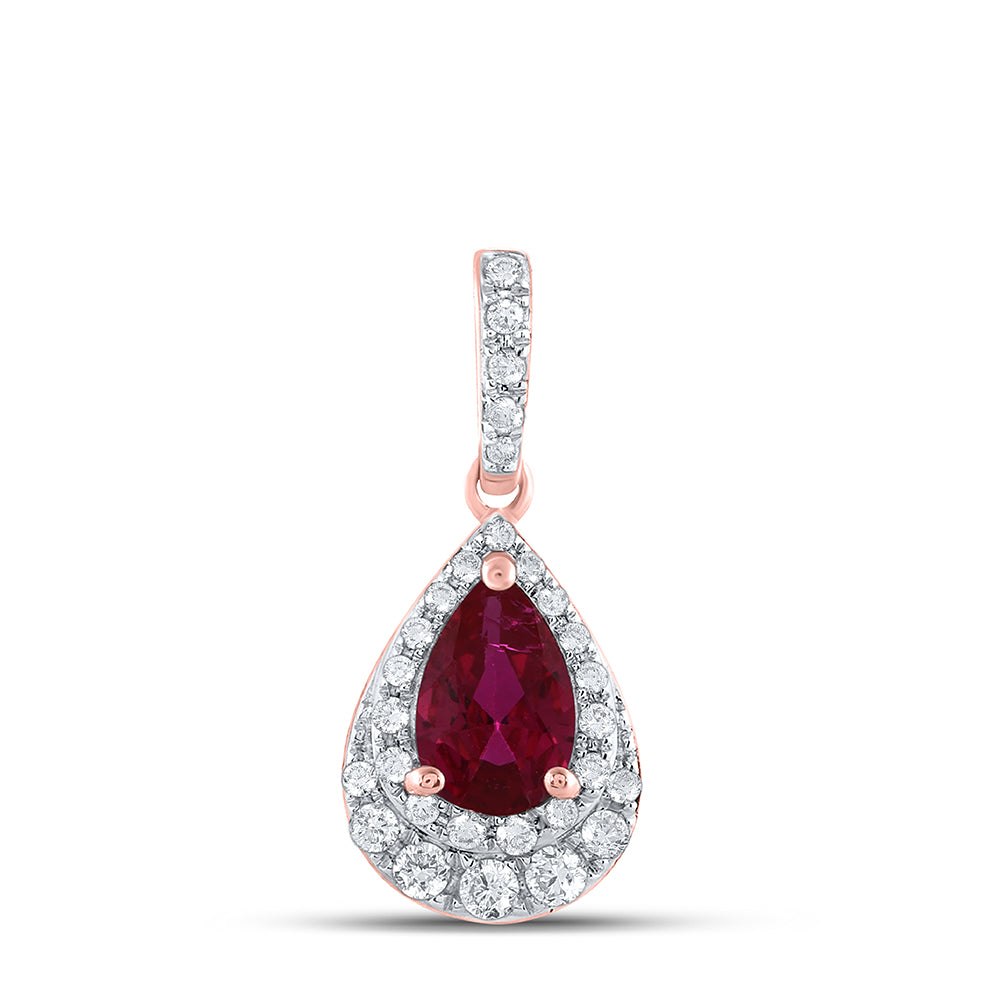 14Kt Rose Gold 1/5Ctw-Dia Cn 6.5X4Mm Ruby-Pear Natural Gem Pendant (0.62 grams)