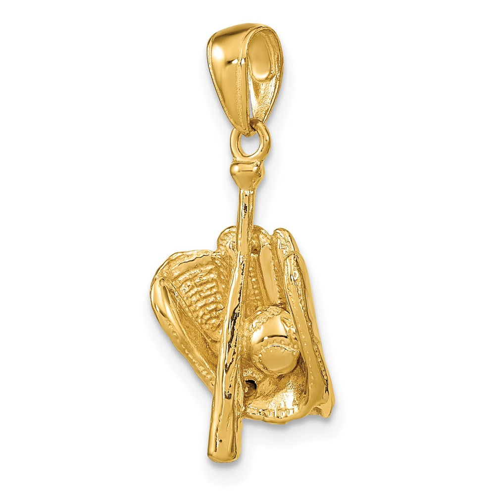 14k Yellow Gold 11 mm Polished 3-D Glove/Bat/Baseball Pendant (2.92 grams)