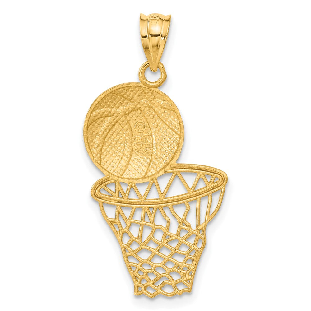 14k Yellow Gold 17 mm Satin Diamond-Cut Basketball and Net Pendant (1.89 grams)