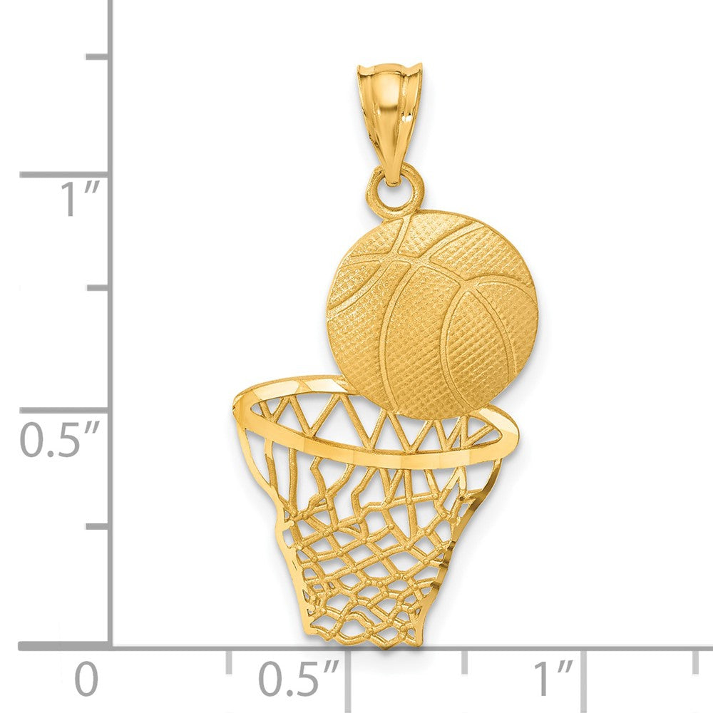 14k Yellow Gold 17 mm Satin Diamond-Cut Basketball and Net Pendant (1.89 grams)