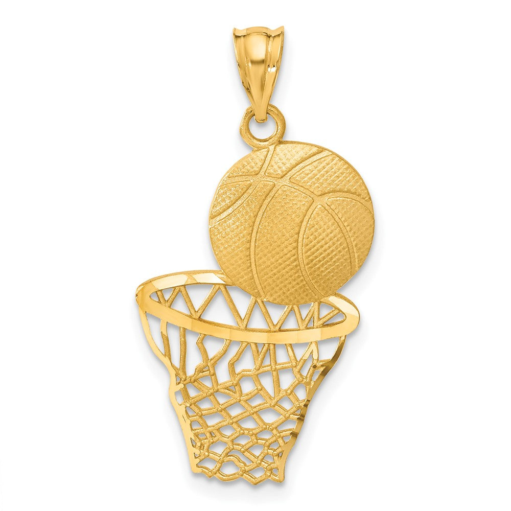 14k Yellow Gold 17 mm Satin Diamond-Cut Basketball and Net Pendant
