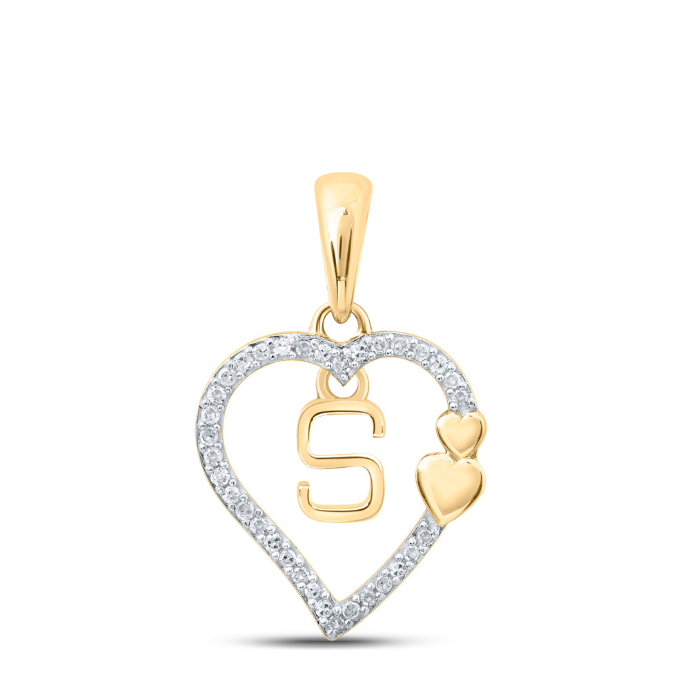 Gold S Heart Letter Pendant 1/10 Cttw Round Natural Diamond Womens (1.24 grams)