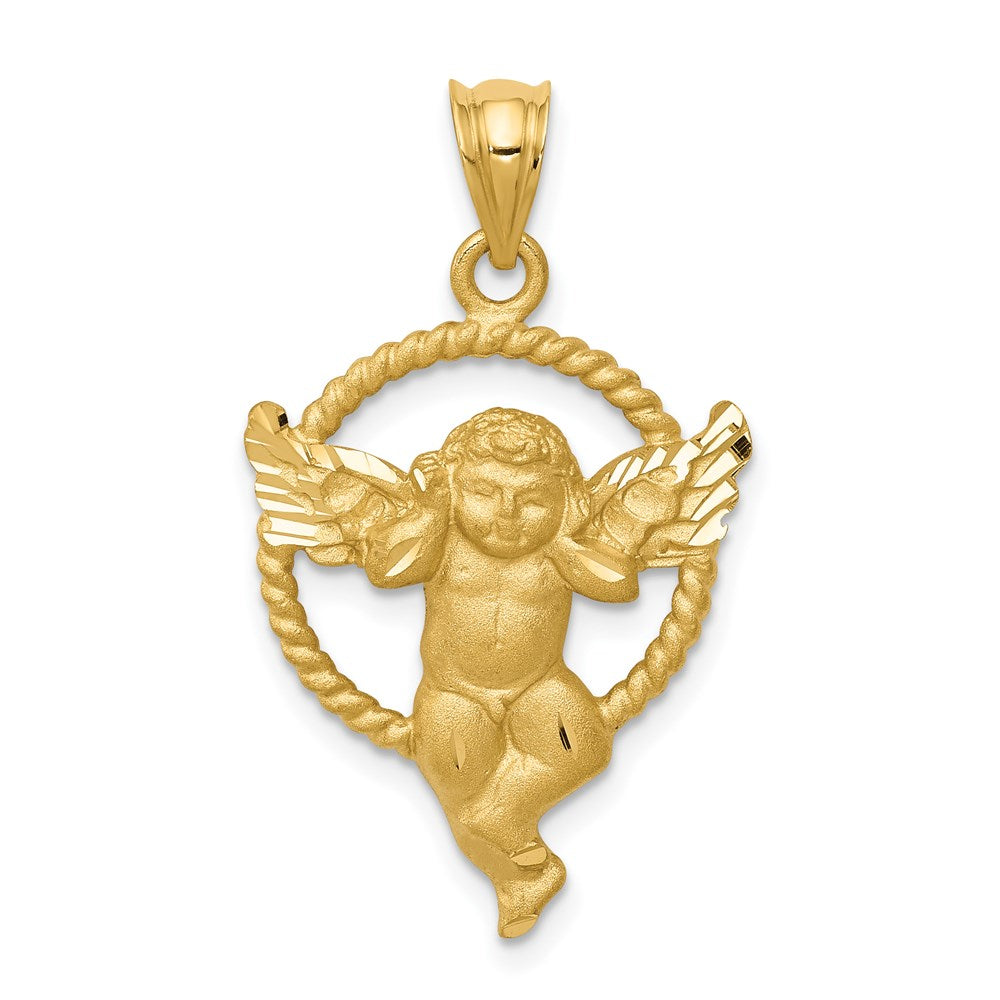 14k Yellow Gold 18 mm Satin Angel in Circle Pendant (2.98 grams)