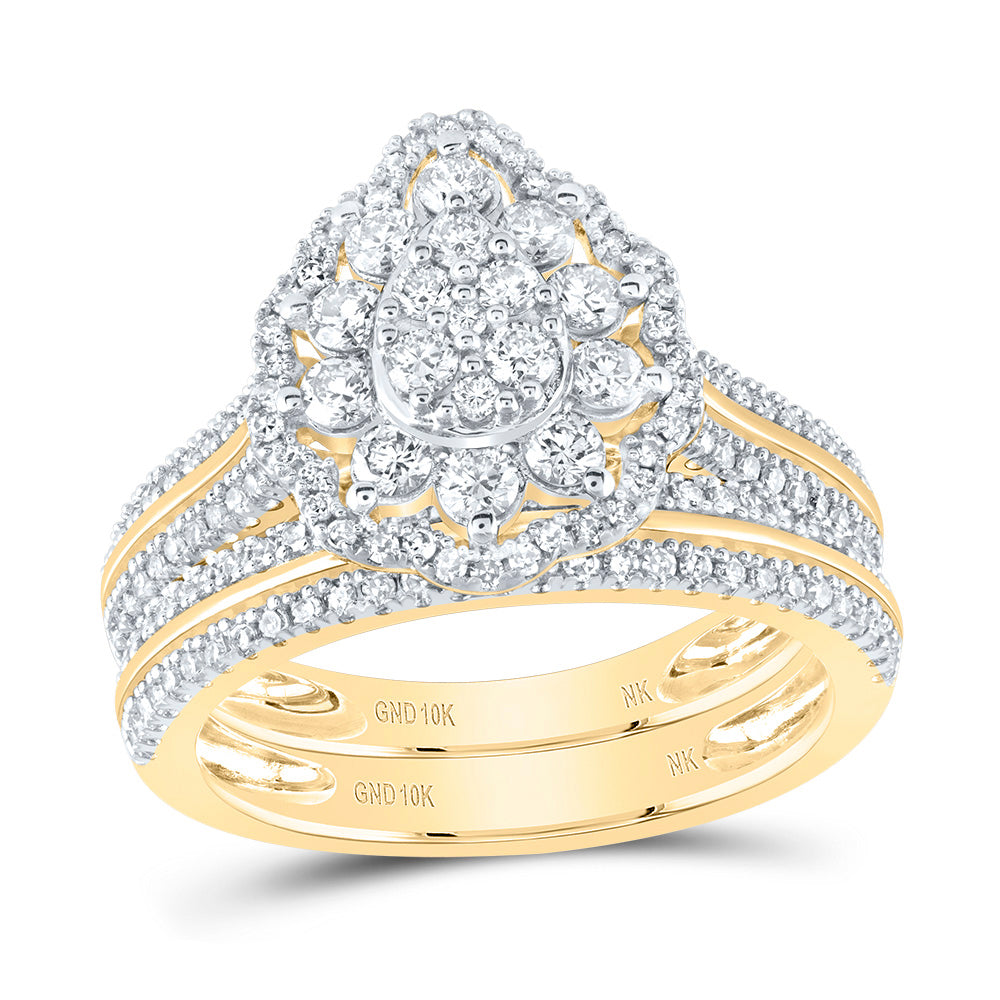 Gold Teardrop Bridal Wedding Ring Band Set 1 Cttw Round Natural Diamond Womens (6.39 grams)