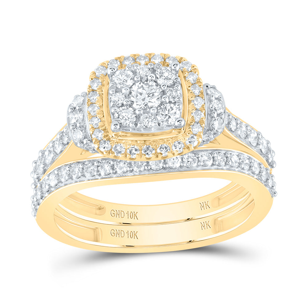 Gold Halo Bridal Wedding Ring Band Set 1 Cttw Round Natural Diamond Womens (5.48 grams)