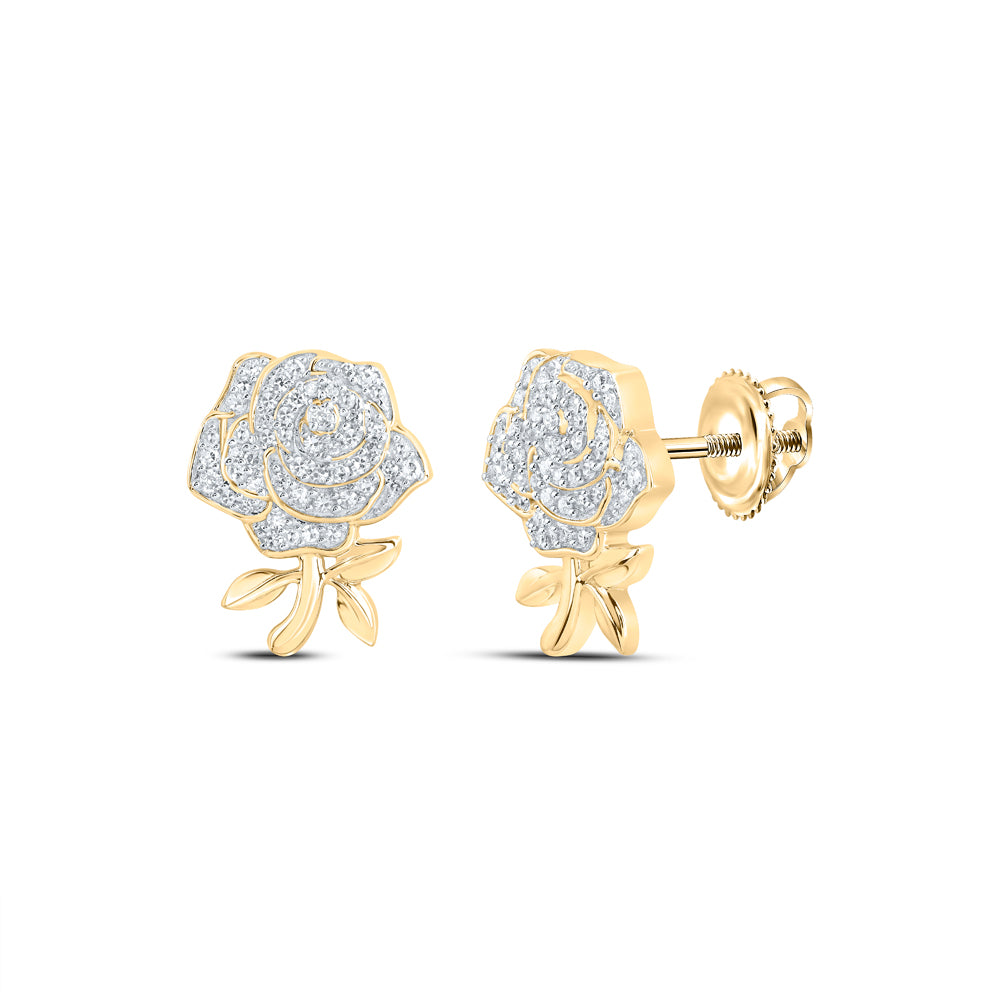 Gold Rose Flower Fashion Earrings 1/3 Cttw Round Natural Diamond Womens (3.29 grams)