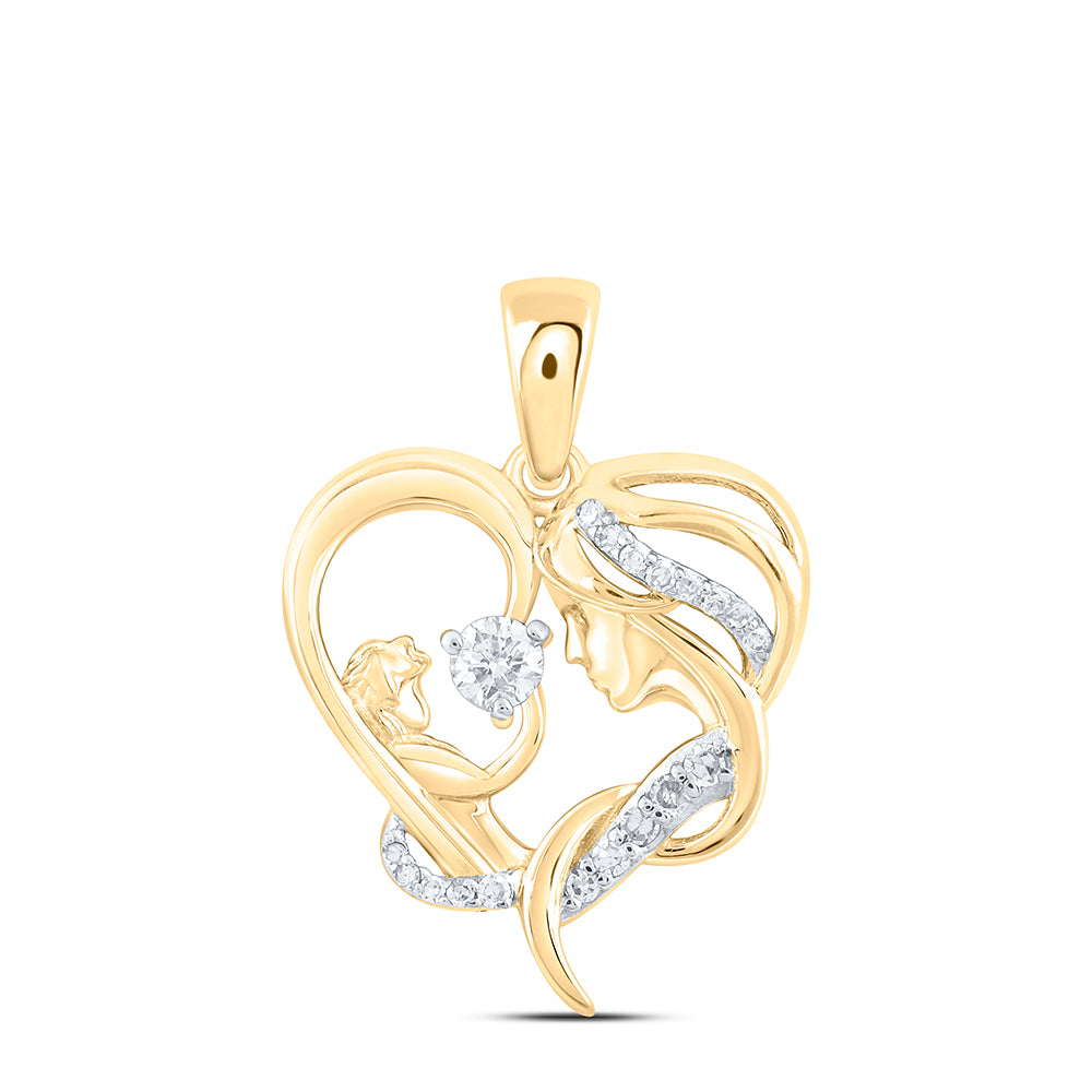 Gold Mother Child Heart Pendant 1/6 Cttw Round Natural Diamond Womens (2.55 grams)