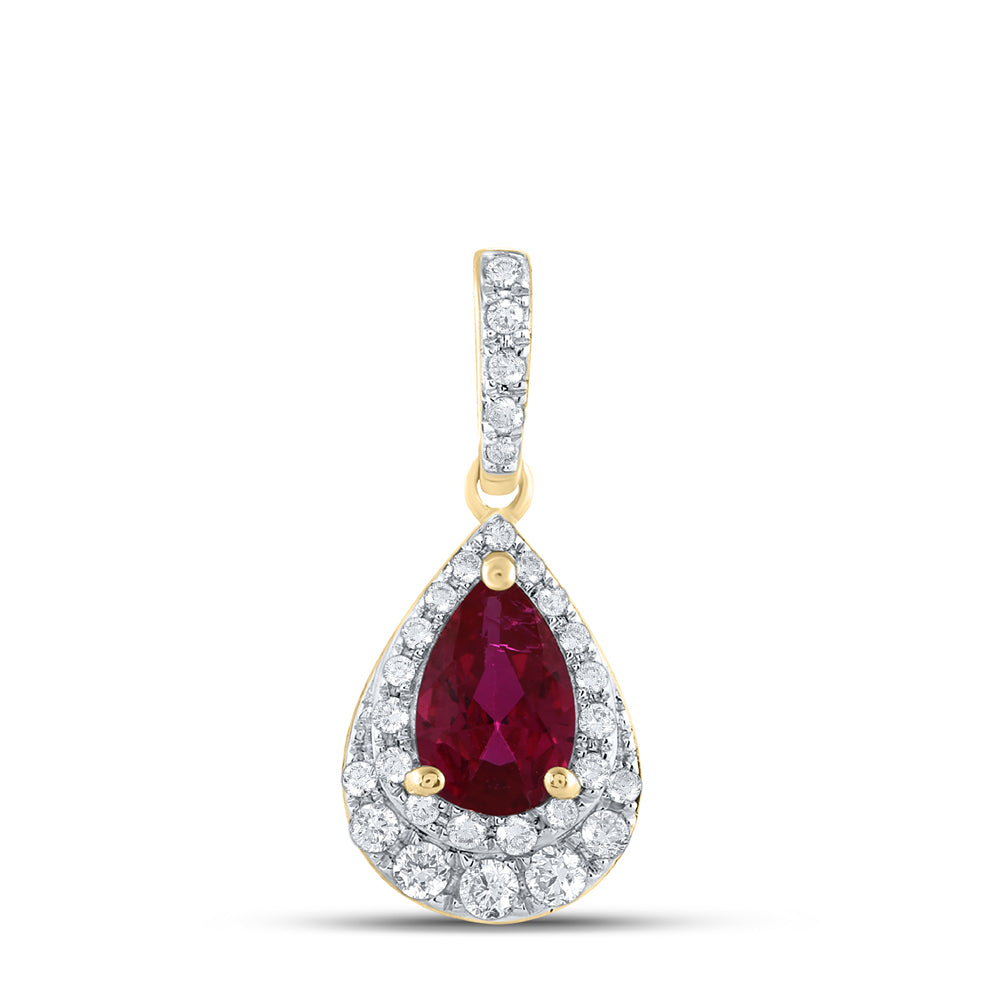 14Kt Yellow Gold 1/5Ctw-Dia Cn 6.5X4Mm Ruby-Pear Natural Gem Pendant (0.65 grams)