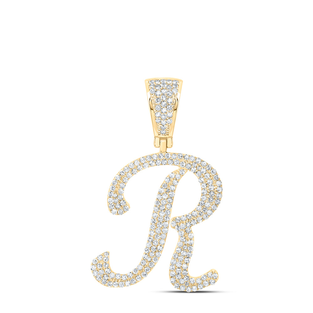 Gold R Initial Letter Charm Pendant 1 Cttw Round Natural Diamond Mens (3.66 grams)