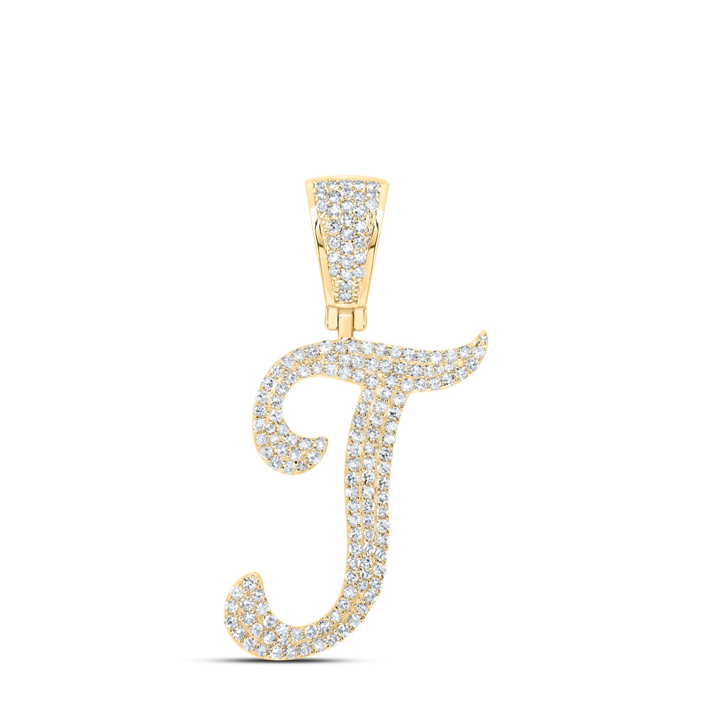 Gold T Initial Letter Charm Pendant 3/4 Cttw Round Natural Diamond Mens (2.79 grams)