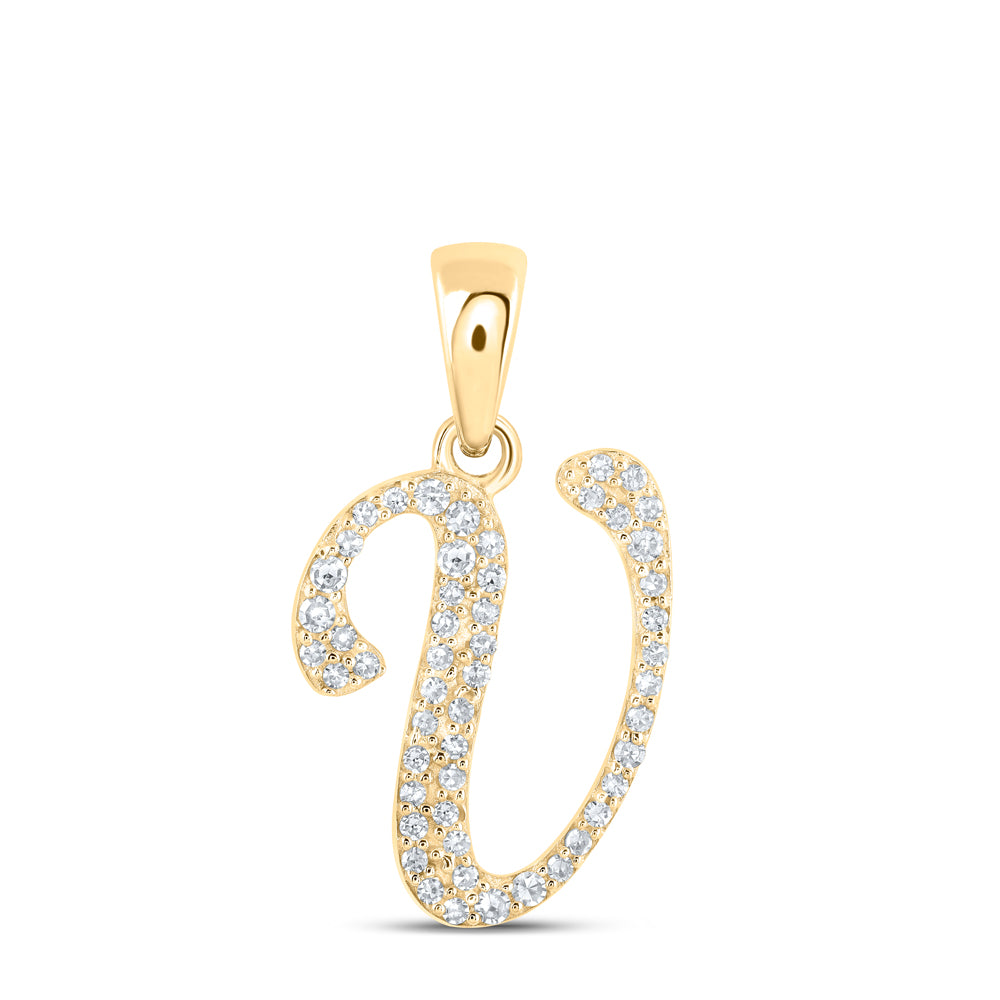 Gold V Initial Letter Pendant 1/8 Cttw Round Natural Diamond Womens (0.95 grams)