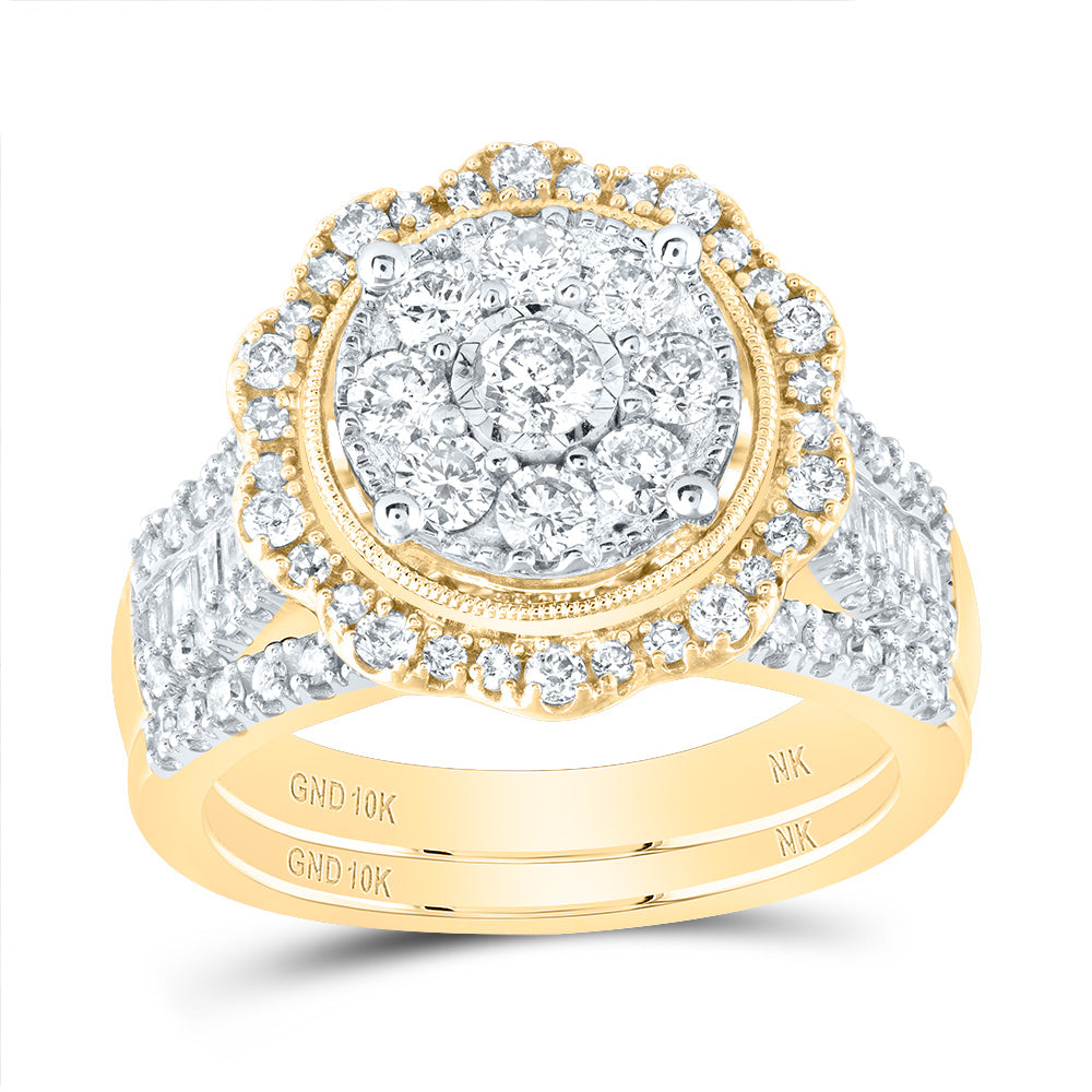 Gold Cluster Bridal Wedding Ring Band Set 1-1/2 Cttw Round Natural Diamond Womens (8.48 grams)