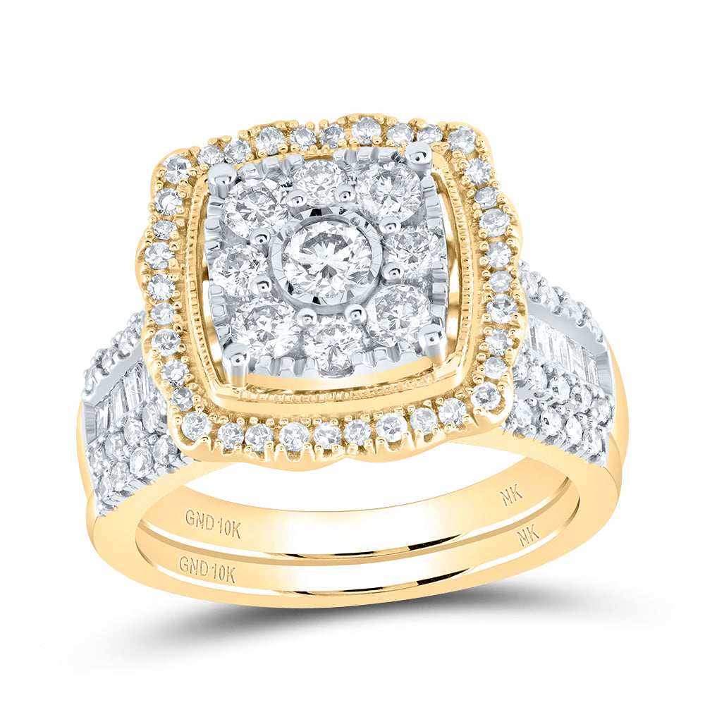 Gold Square Bridal Wedding Ring Band Set 1-1/2 Cttw Round Natural Diamond Womens (8.59 grams)