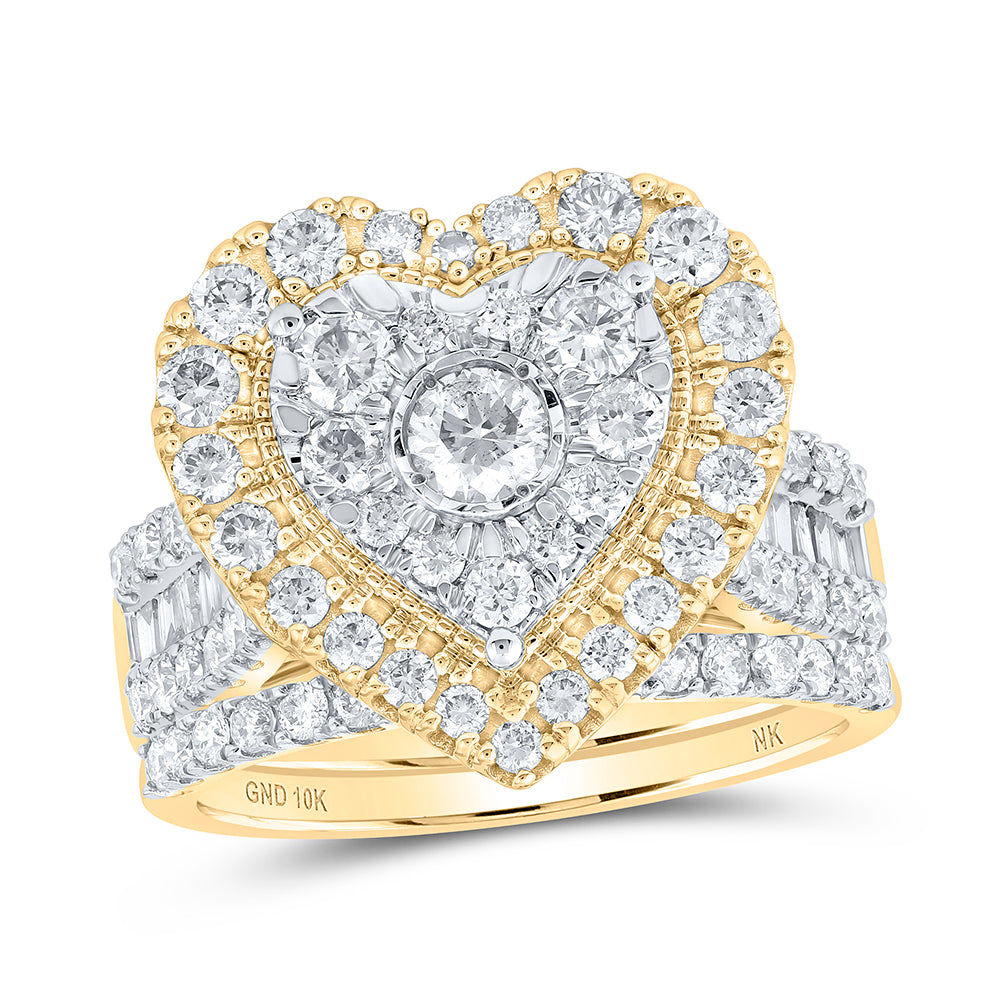 Gold Heart Bridal Wedding Ring Band Set 2 Cttw Round Natural Diamond Womens (7.98 grams)