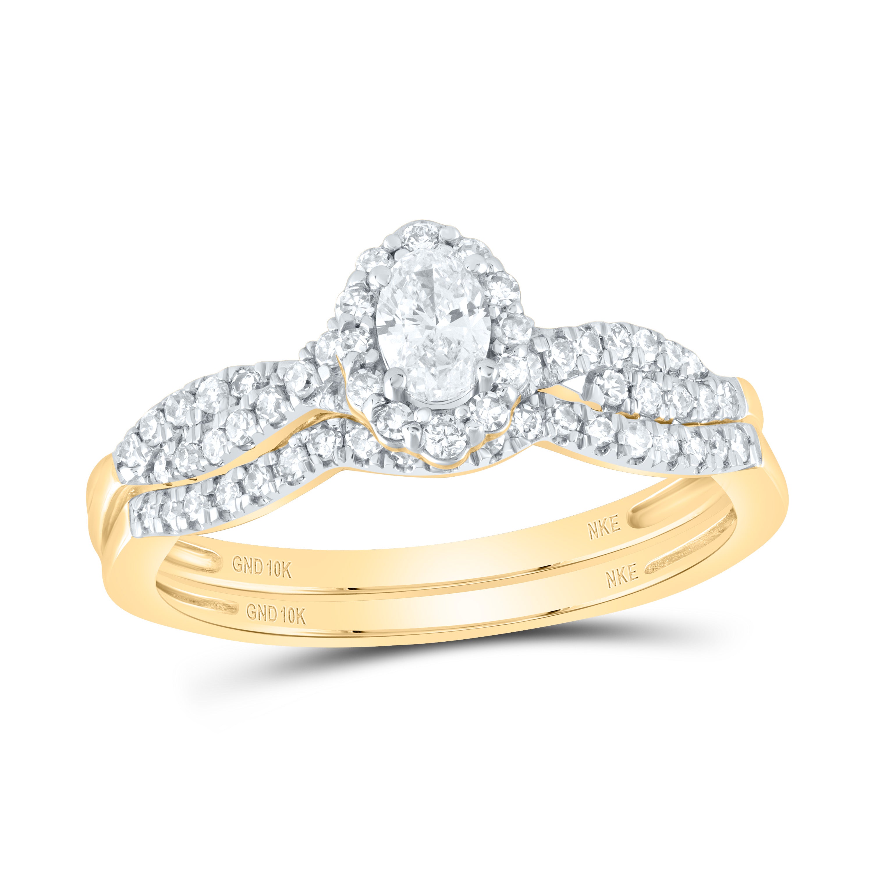 Gold Halo Bridal Wedding Ring Band Set 1/2 Cttw Oval Natural Diamond Womens (2.82 grams)