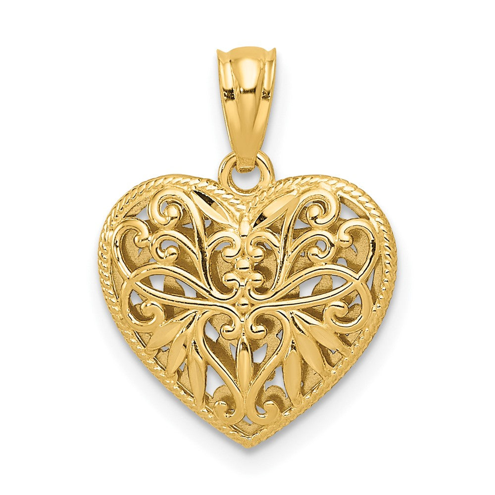 14K Two-tone Polished Diamond-cut Reversible Filigree Heart Pendant (1 grams)