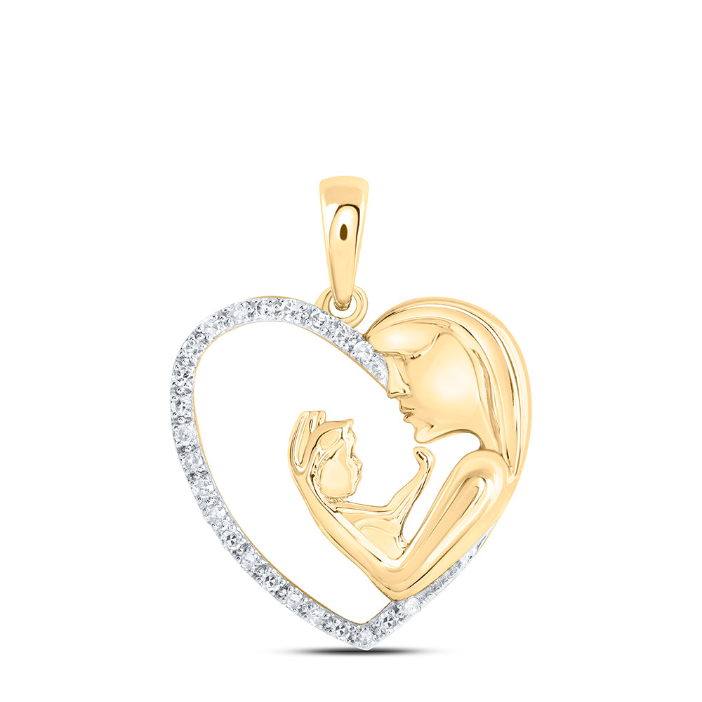 Gold Mom Child Heart Pendant 1/10 Cttw Round Natural Diamond Womens (2 grams)