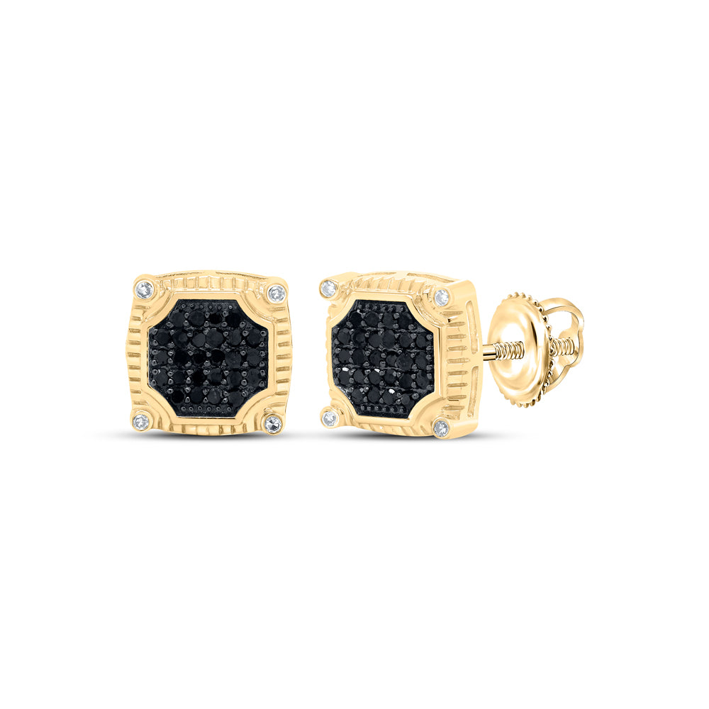 Gold Square Earrings 1/3 Cttw Round Black Color Treated Diamond Mens (2.37 grams)