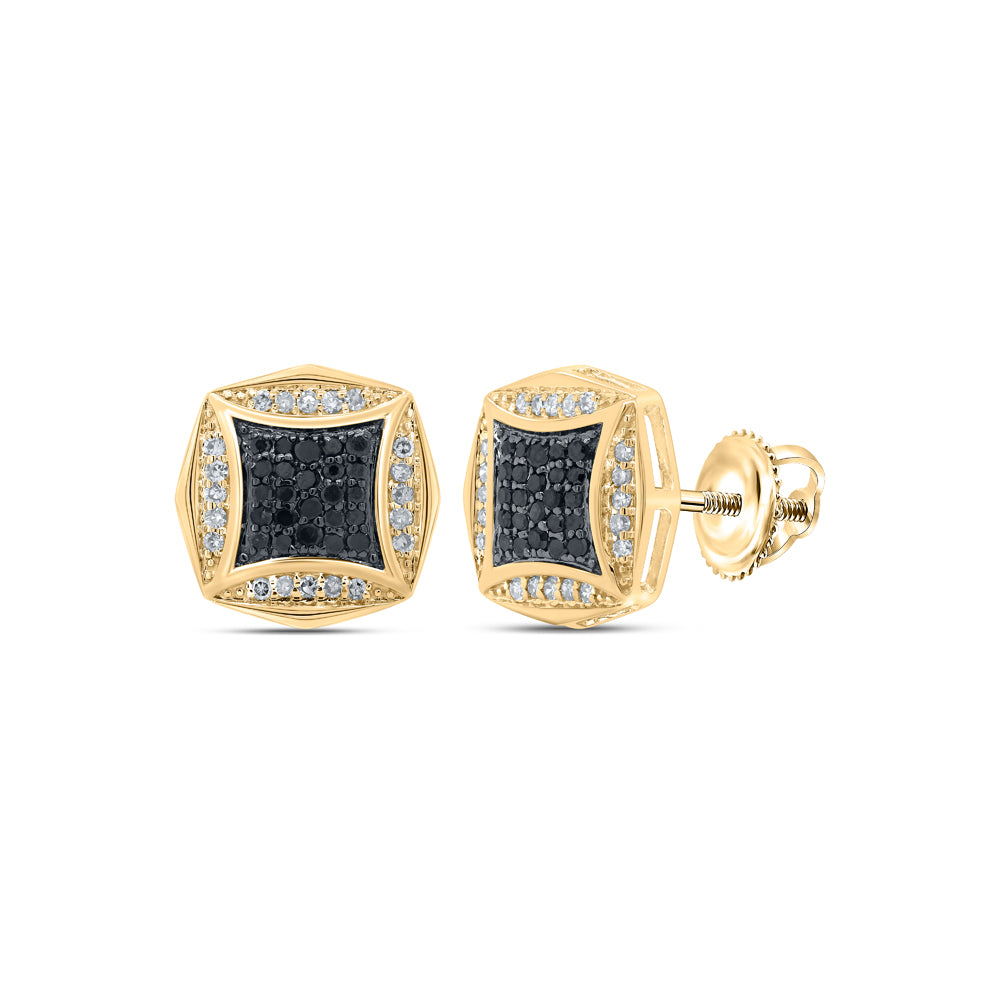 Gold Square Earrings 1/4 Cttw Round Black Color Treated Diamond Mens (1.72 grams)