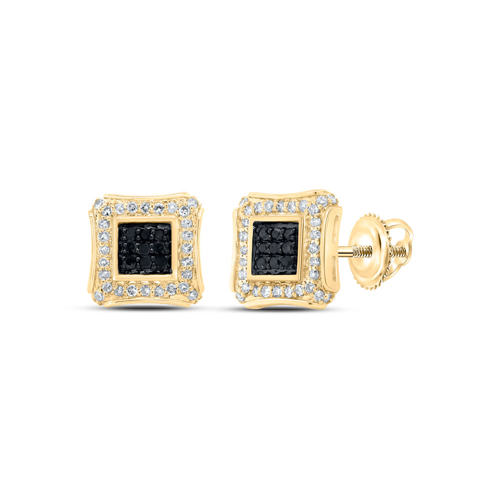 Gold Square Earrings 1/4 Cttw Round Black Color Treated Diamond Mens (1.79 grams)