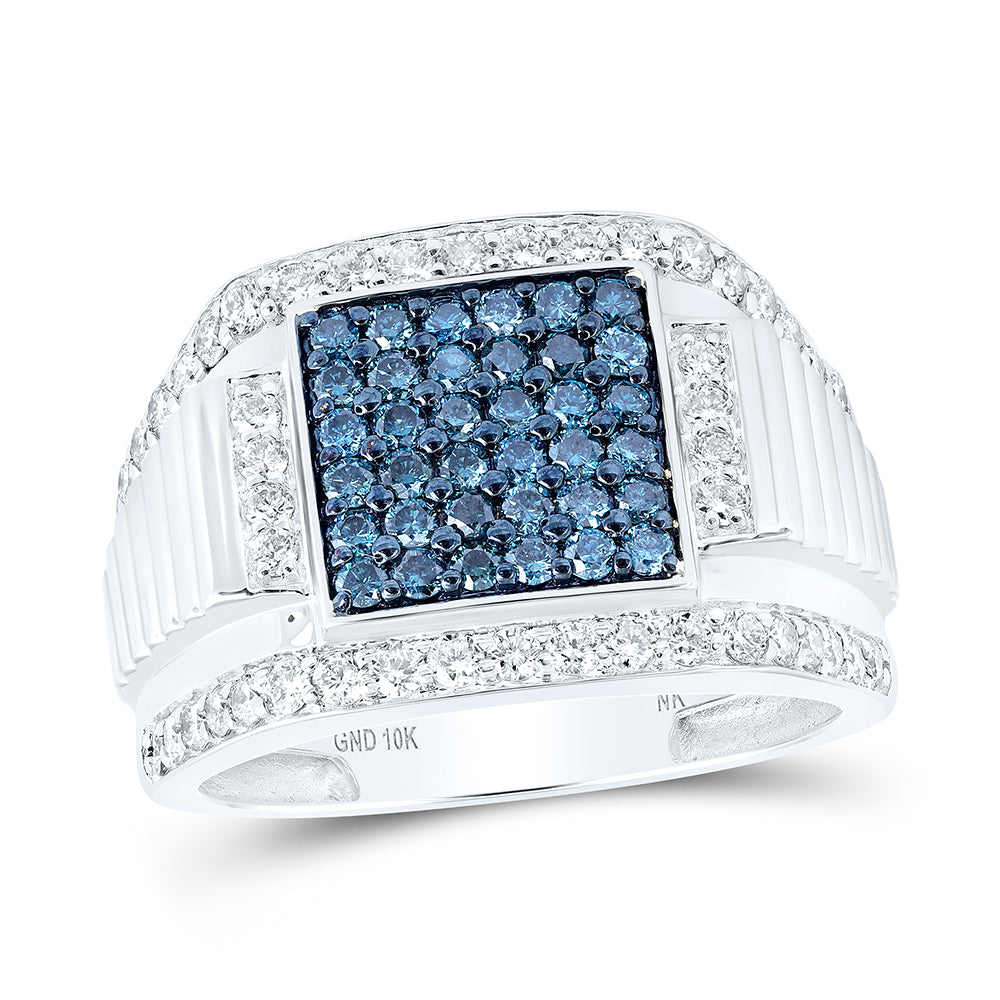 Gold Square Ring 1-5/8 Cttw Round Blue Color Treated Diamond Mens (8.43 grams)