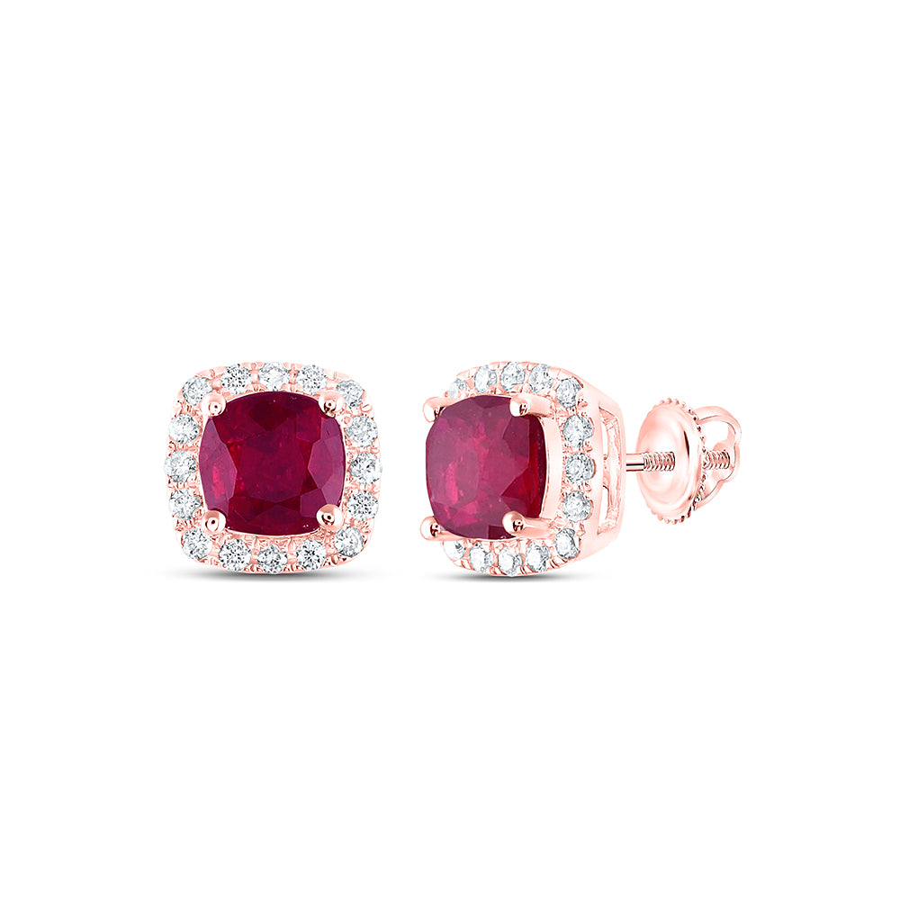 14Kt Rose Gold 1/6Ctw-Dia Ana M 5 Mm-Ruby Nat Gem Cushion Earring (1.39 grams)