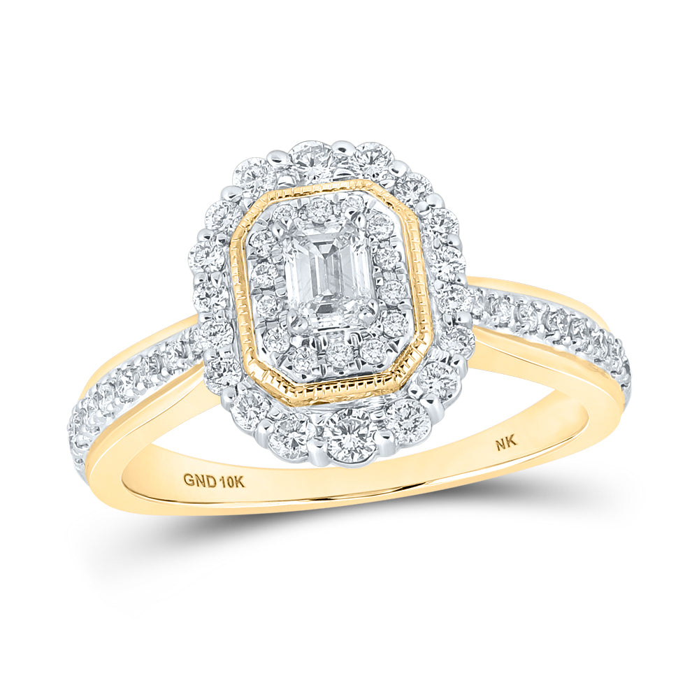 10Kt Yellow Gold 5/8Ctw-Dia Nk 1/5Ct-Cemrd Engagement Double Halo Ring (3.74 grams)