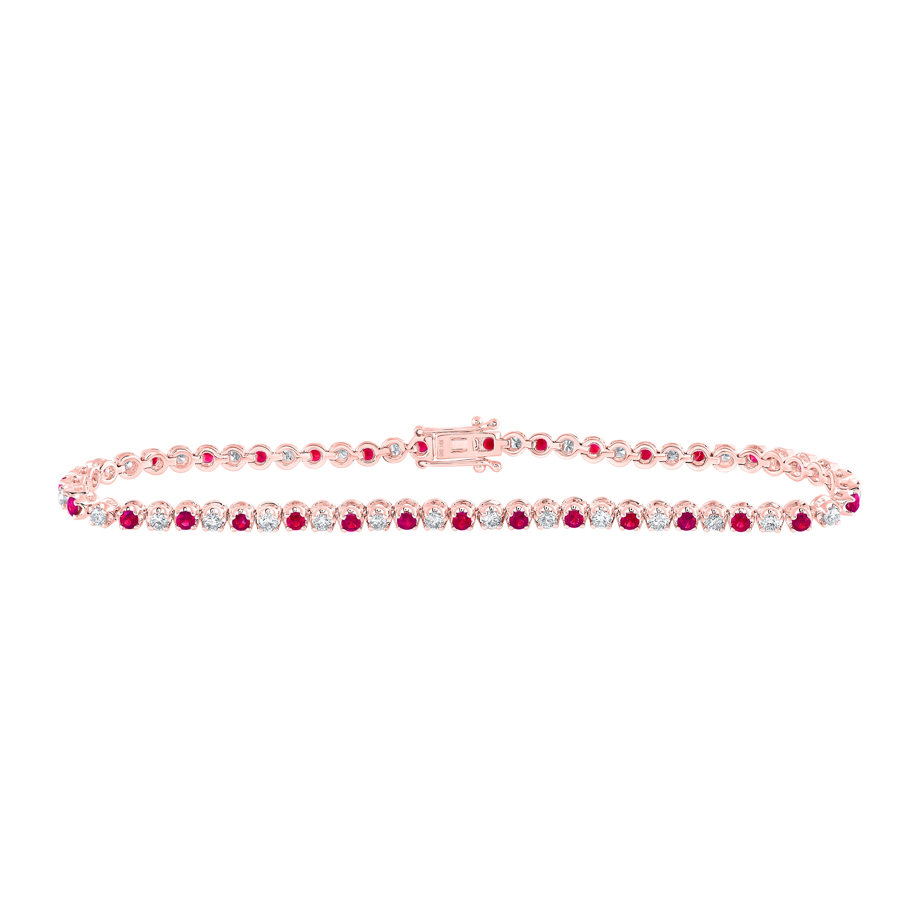 14Kt Rose Gold 1Ctw-Dia Nke 1 1/2Ct-Ruby Natural Gem Tennis Bracelet (7 Inch) (7.27 grams)