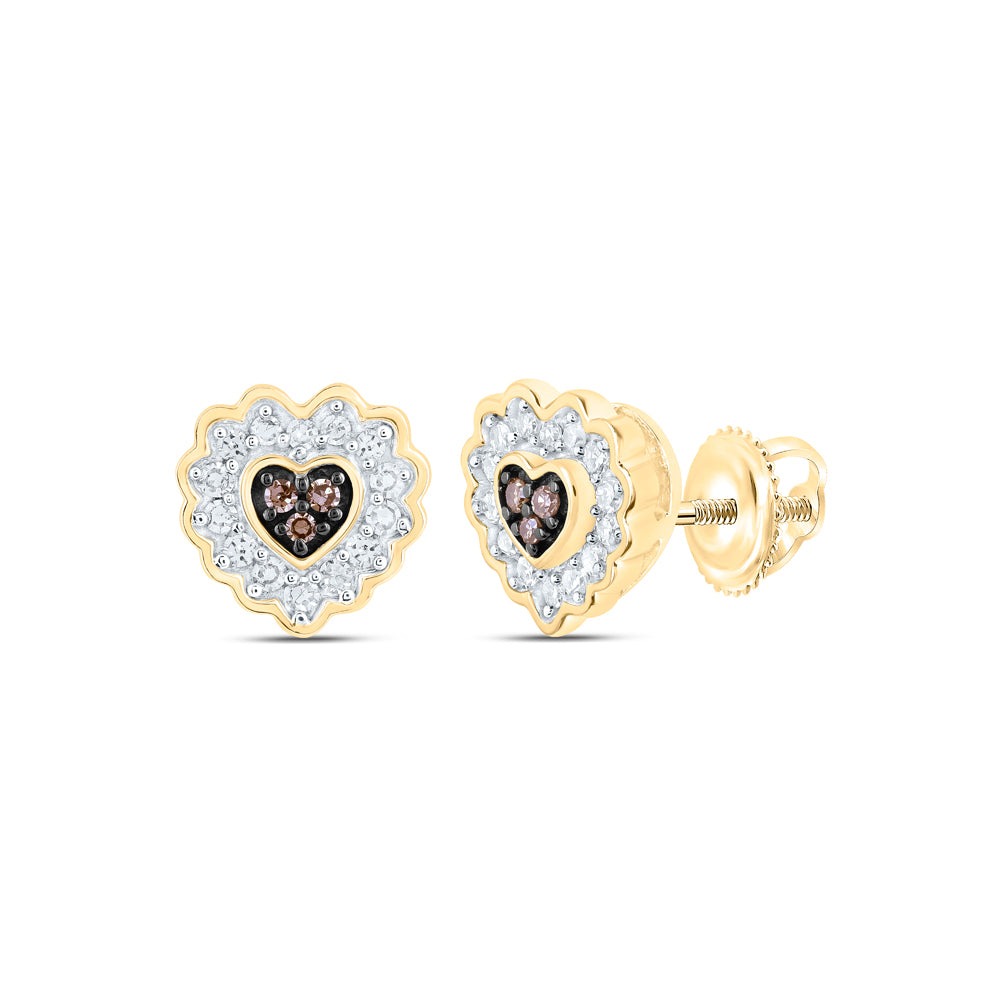 Gold Heart Earrings 1/6 Cttw Round Brown Diamond Womens (1.56 grams)