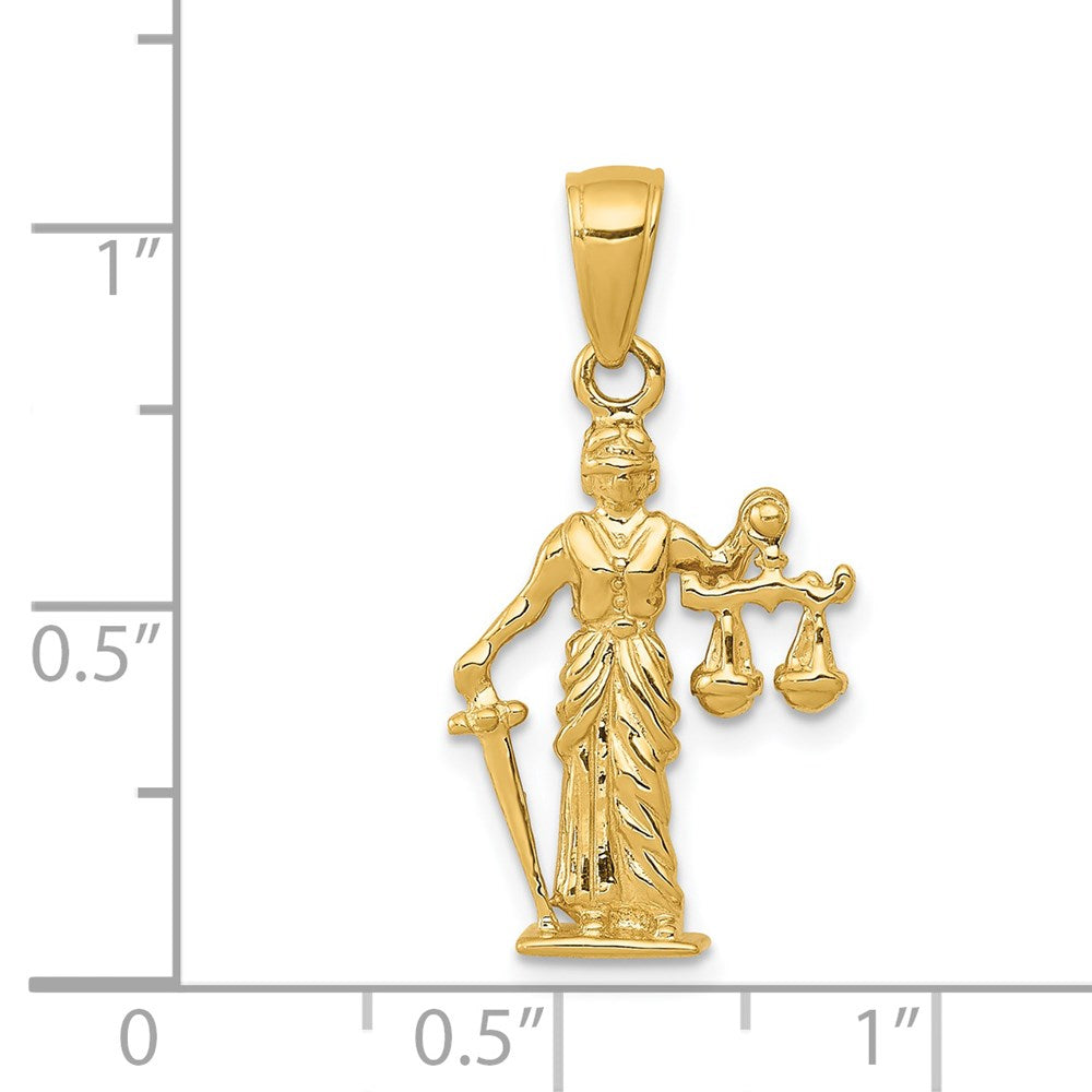 14k Yellow Gold 13 mm 3-D Lady of Justice w/Moveable Scales Pendant (1.81 grams)