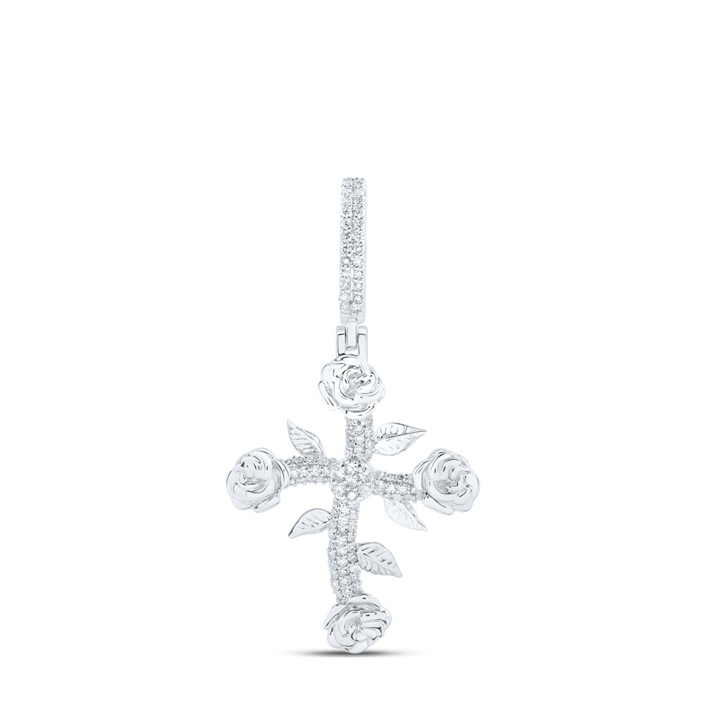 10Kt White Gold 1/3Ctw-Dia Nk Rose Cross Mens Charm (2.1 grams)