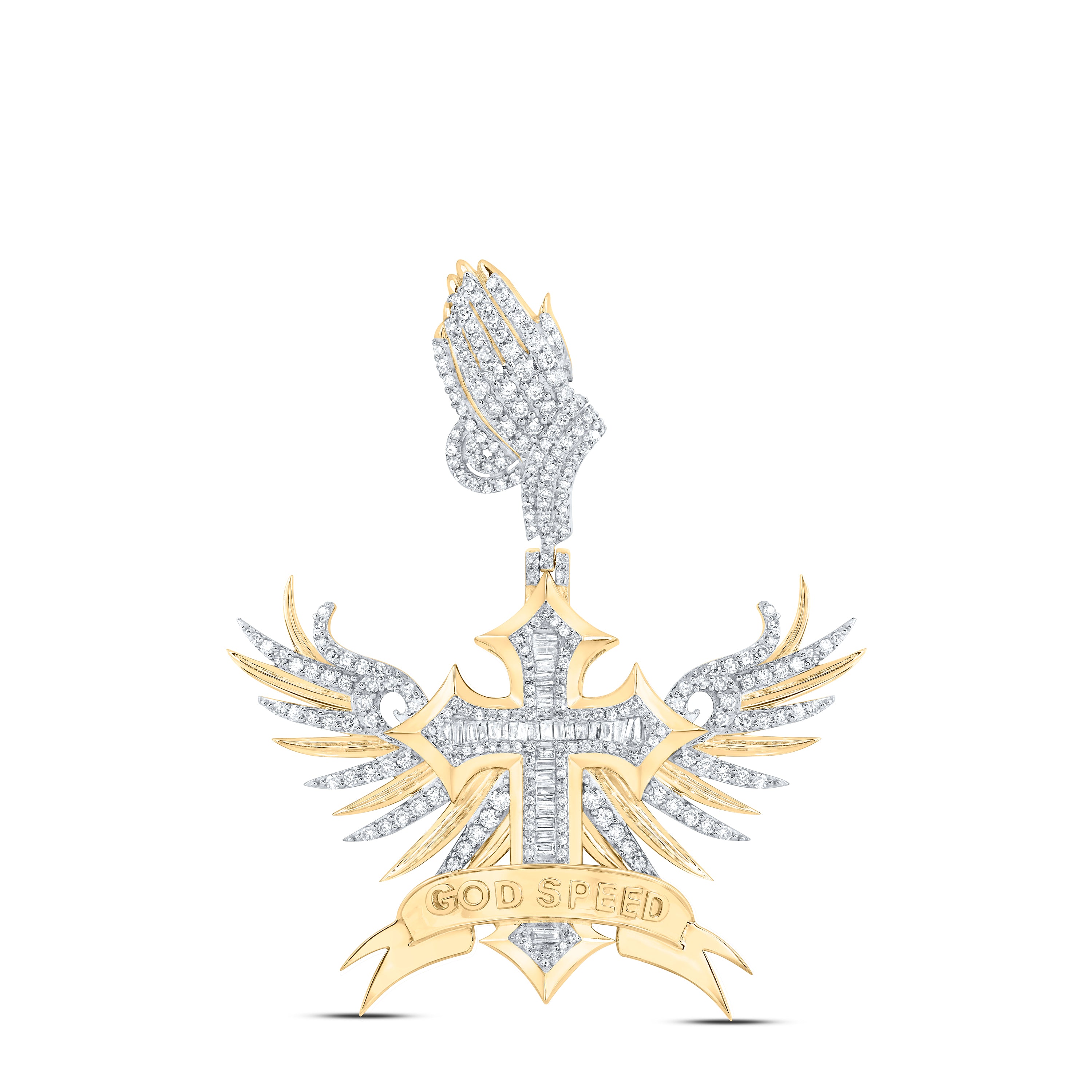 10Kt Yellow Gold 1 7/8Ctw-Dia Nk God Speed Winged Mens Cross Charm (10.45 grams)