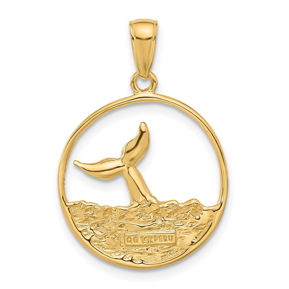 14k Yellow Gold 18 mm Whale Tail in Circle with Waves Pendant (2.24 grams)