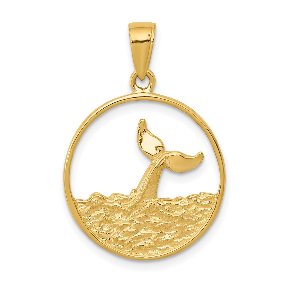 14k Yellow Gold 18 mm Whale Tail in Circle with Waves Pendant (2.24 grams)