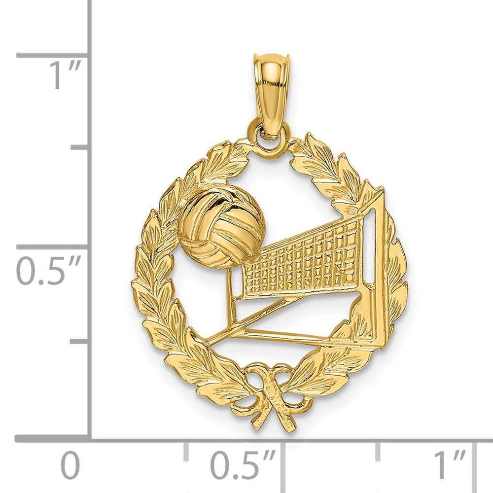14k Yellow Gold 16.7 mm Volleyball Story in Leaf Circle Charm (1.29 grams)