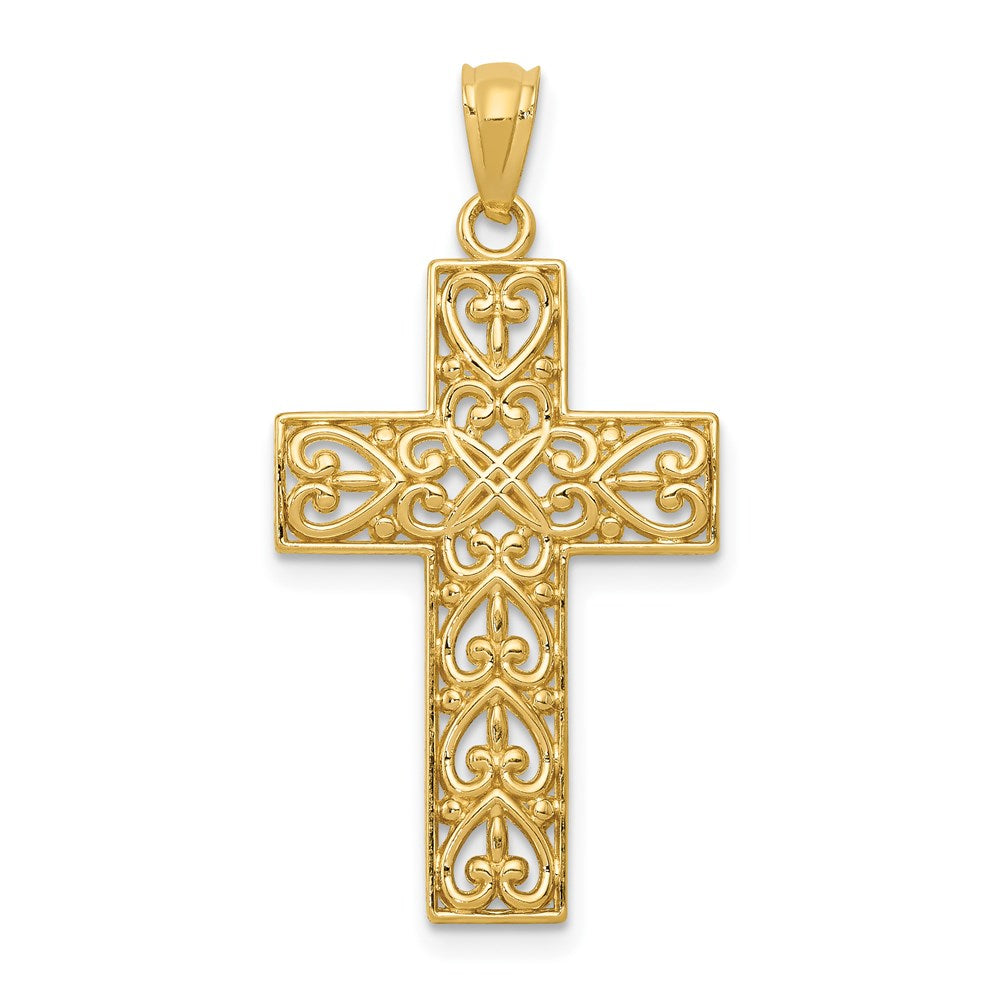 14k Yellow Gold 17 mm Diamond-cut Filigree Cross Pendant (1.06 grams)