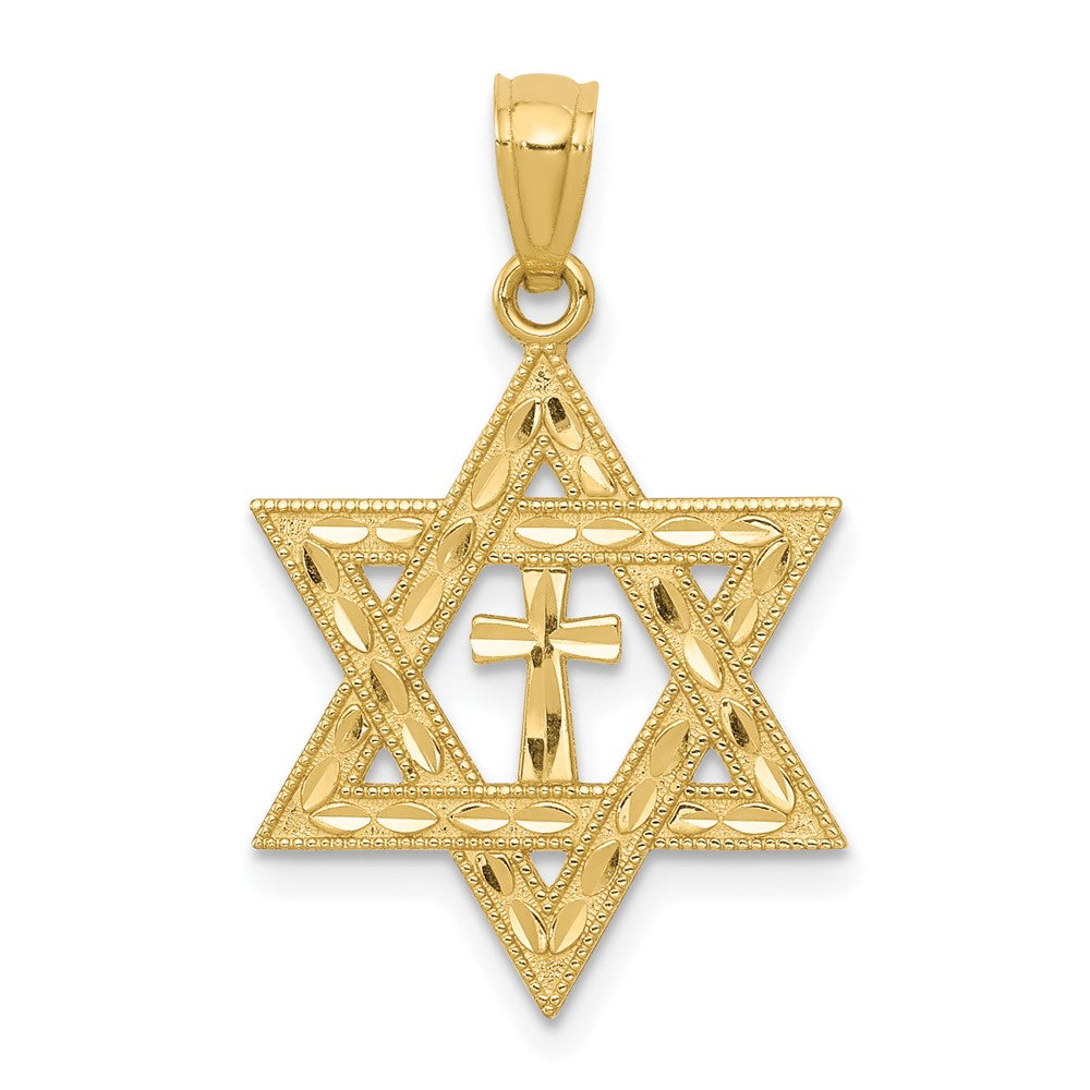 14k Yellow Gold 16 mm Diamond-cut Star of David w/Cross Pendant