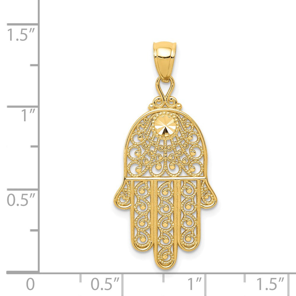 14k Yellow Gold 16 mm Diamond-cut Filigree Chamseh Pendant (1.77 grams)