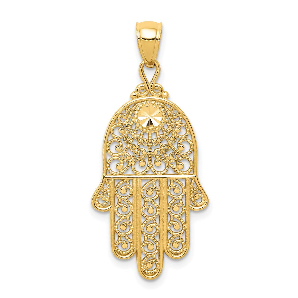 14k Yellow Gold 16 mm Diamond-cut Filigree Chamseh Pendant (1.77 grams)