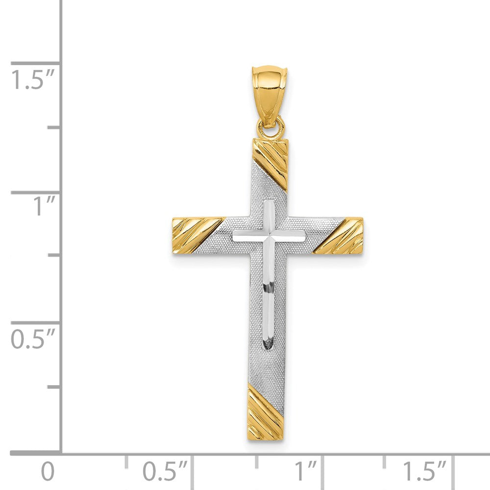 14k Two-tone 19 mm Two-Tone Diamond-cut Cross Pendant (2.87 grams)