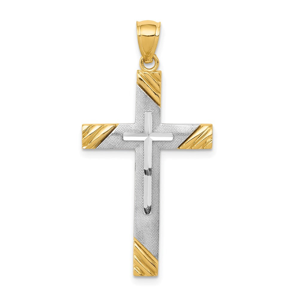 14k Two-tone 19 mm Two-Tone Diamond-cut Cross Pendant (2.87 grams)