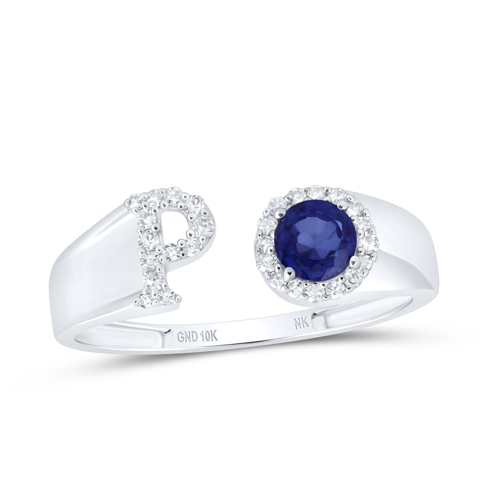 1/8Ctw-Nat Dia Nk 4 Mm Rd-Bs Synthetic Initial "P" Ladies Ring (1.43 grams)
