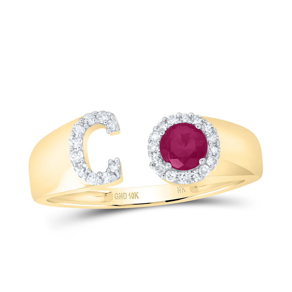 1/8Ctw-Nat Dia Nk 4 Mm Rd-Ru Synthetic Initial  "C" Ladies Ring (1.62 grams)